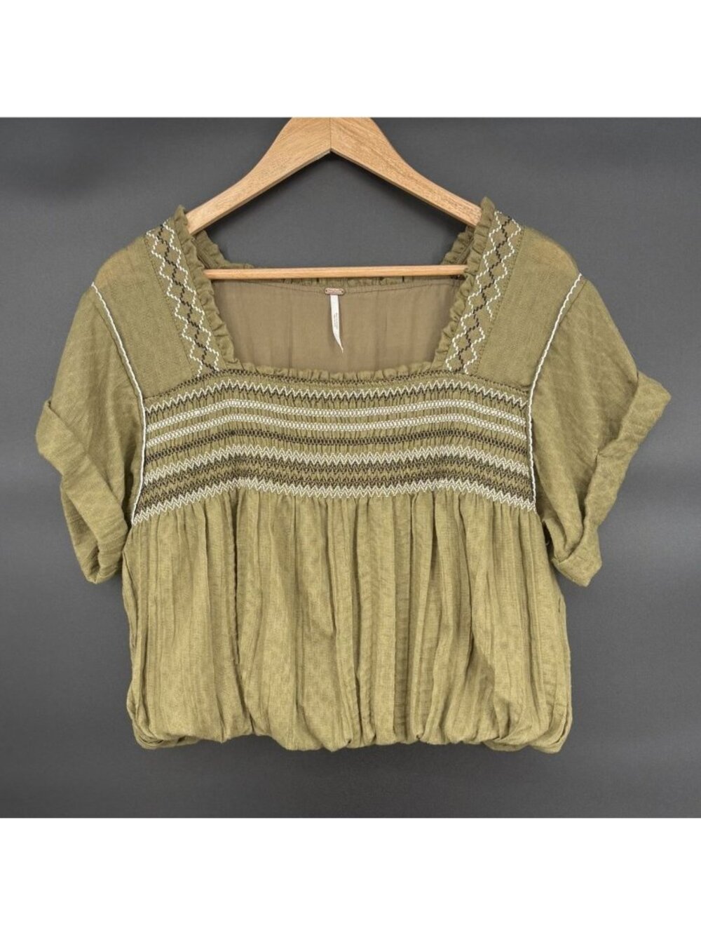 Free People Wandering Skies Smocked Top S Green Boho Peasant Crop Top Blouse